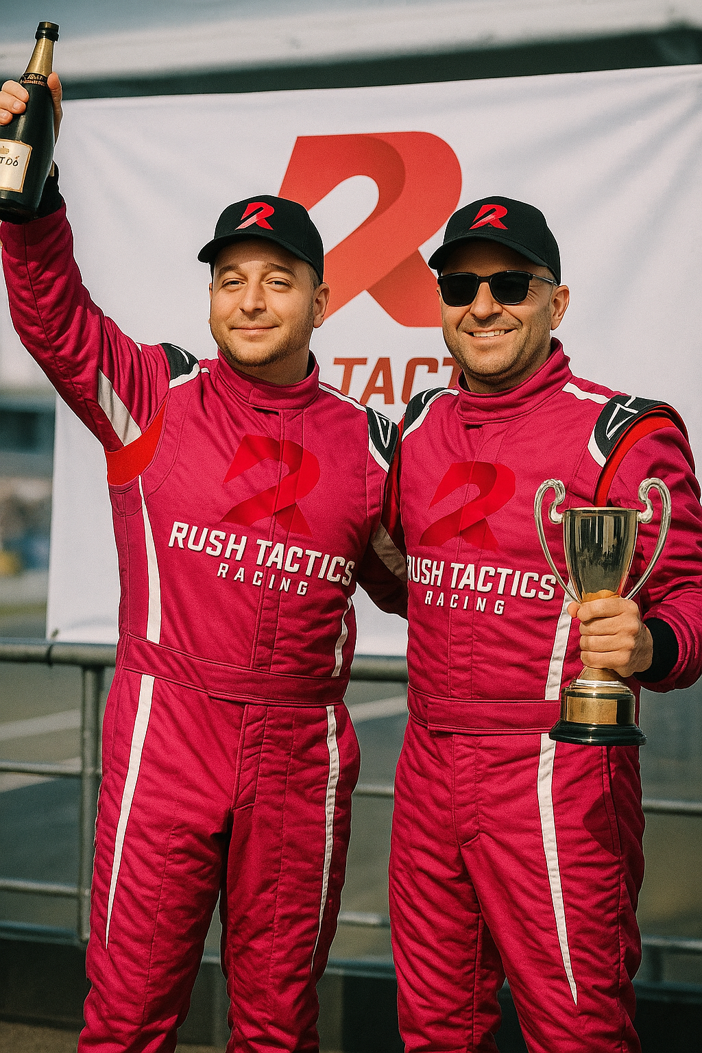 Rush Tactics Racing founders Nikos and Tasos Louvoulinas celebrating victory in sim racing championship